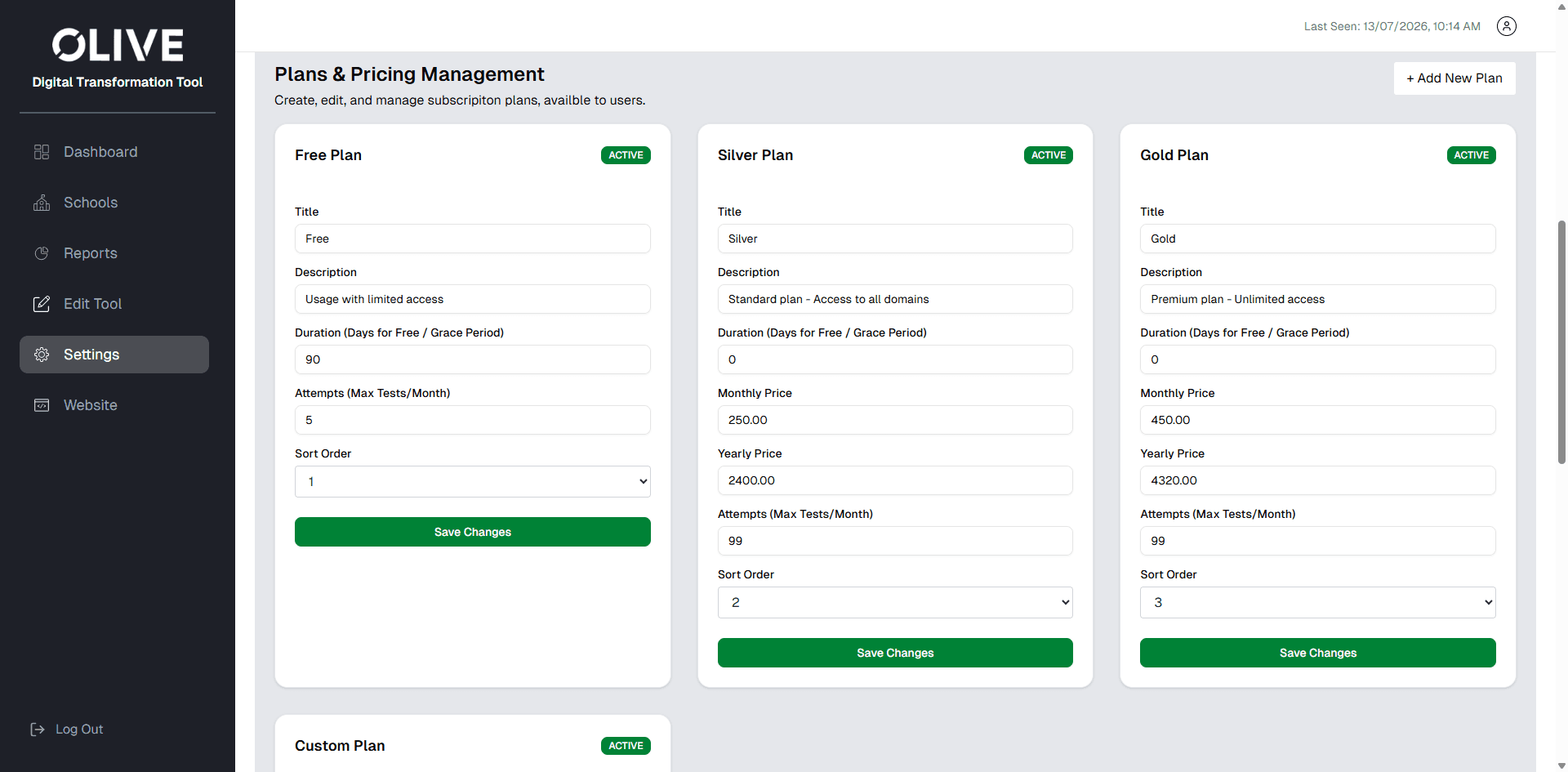 Olive plans and pricing management screen showing free, silver, and gold plan configuration forms.
