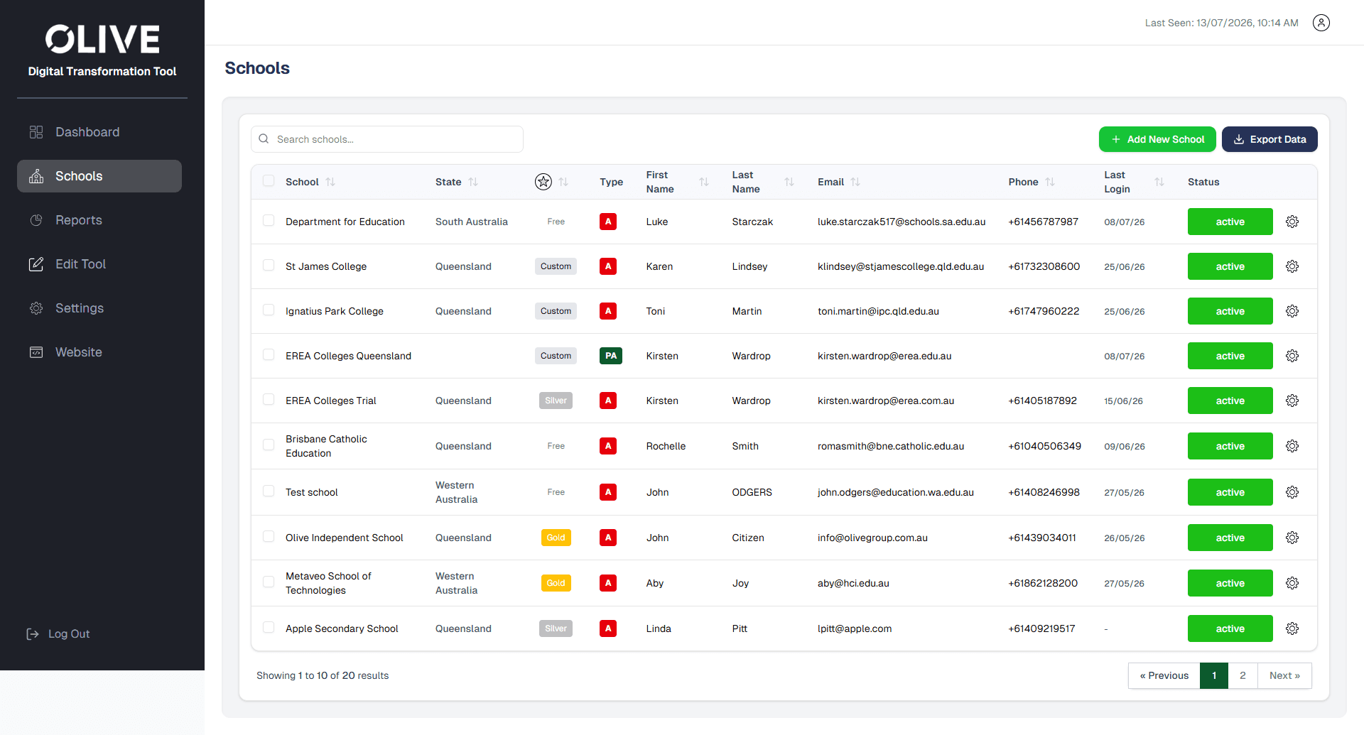 Olive schools management screen with searchable school list, account details, status controls, and pagination.